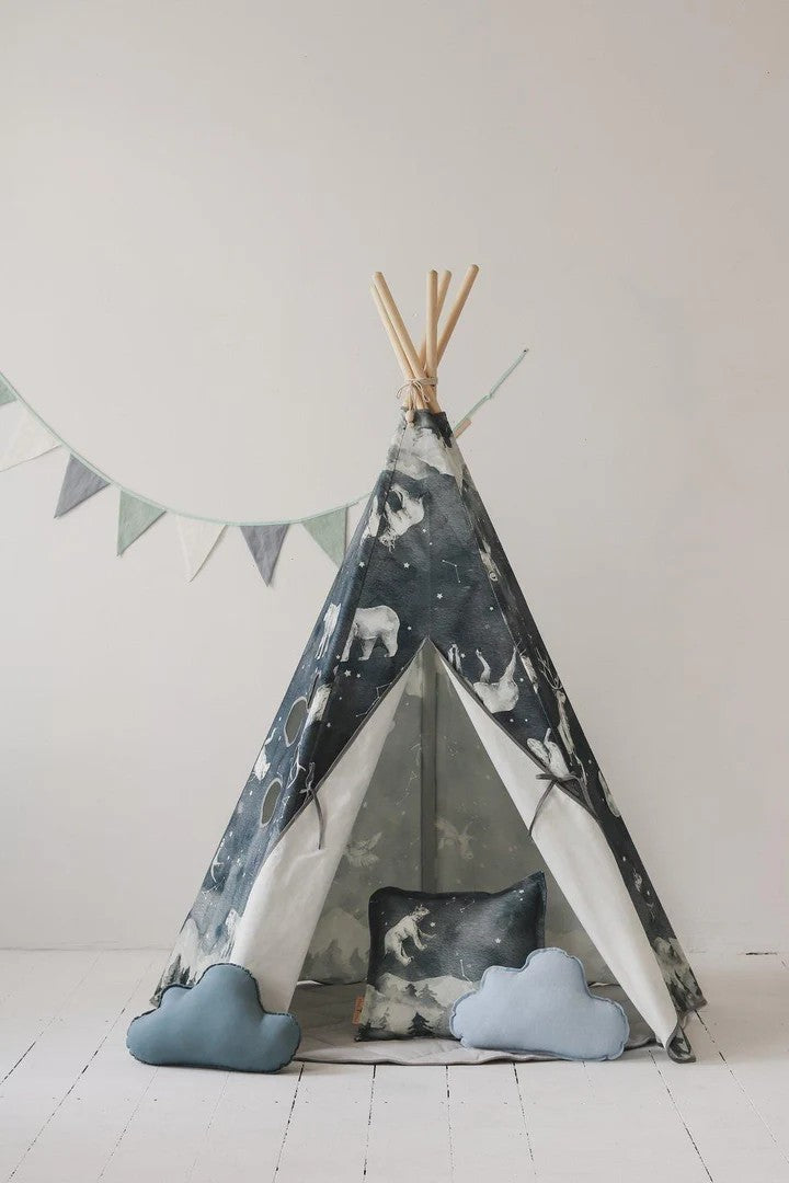functional teepee tent with night sky design, pine poles, and cotton fabric, ready for indoor or outdoor play
