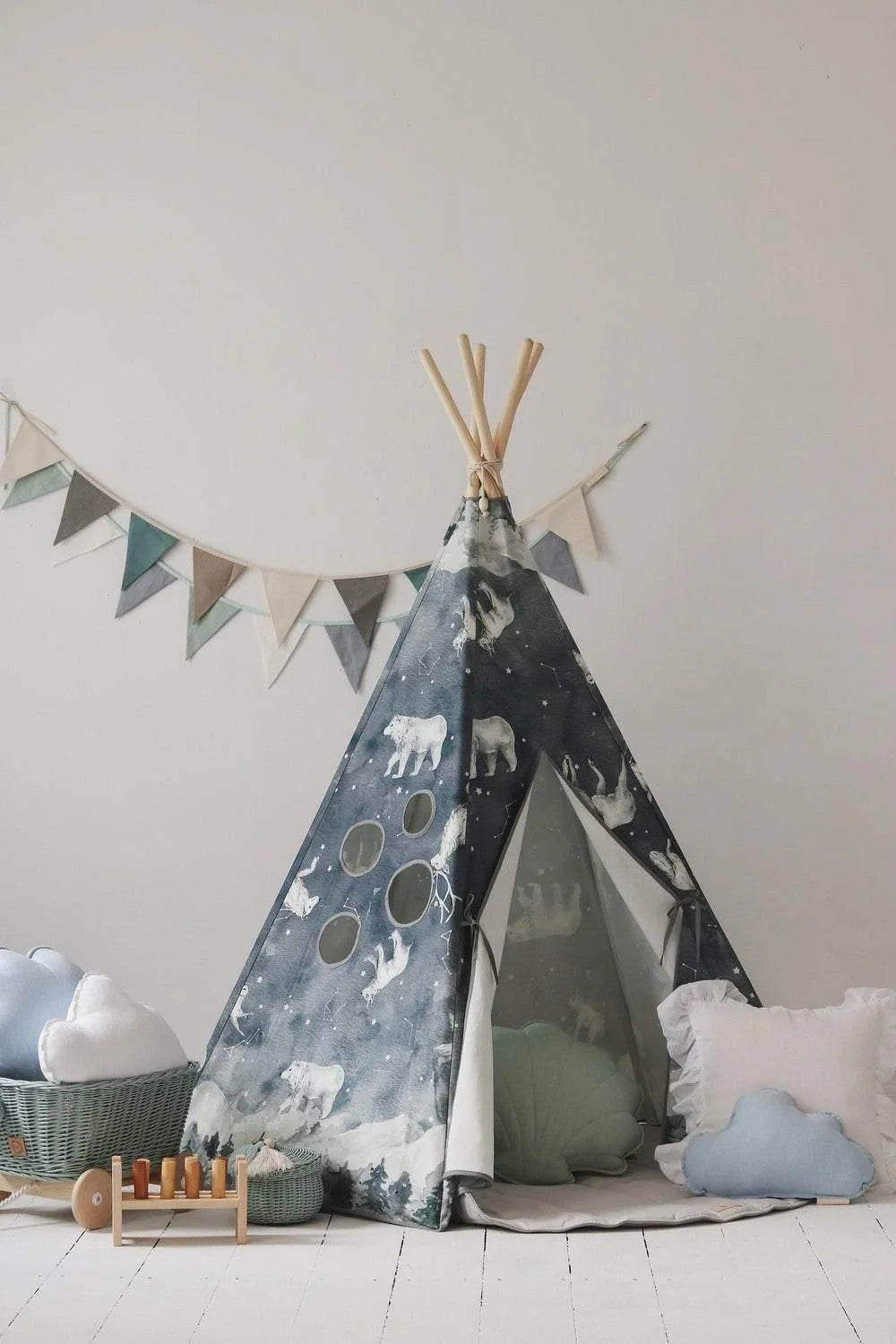 cozy night sky teepee tent with starry animal pattern, pine poles, and cotton fabric, ready for indoor or outdoor adventures