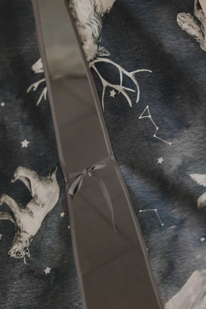 night sky teepee tent with starry animal pattern, pine poles, and cozy cotton fabric, ready for indoor adventures