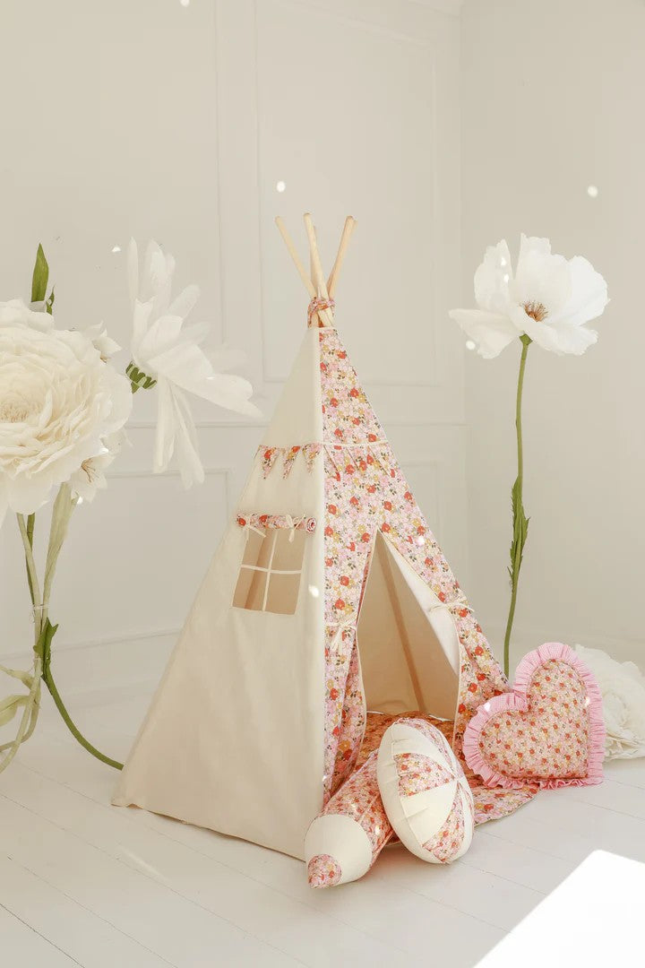 bold spring garden teepee tent with vibrant floral print, sturdy pine poles, and playful curtain window