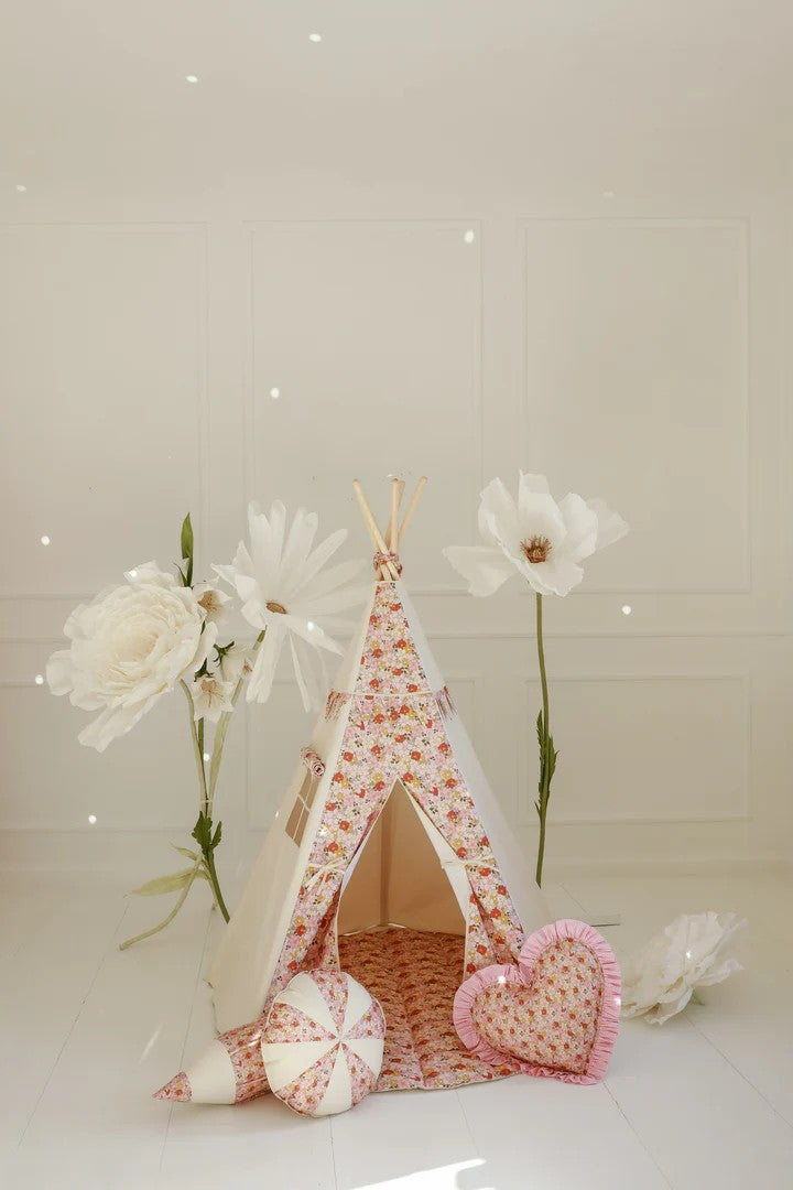 playful spring garden teepee tent with floral design, open window curtain, and pine poles for kids' adventures