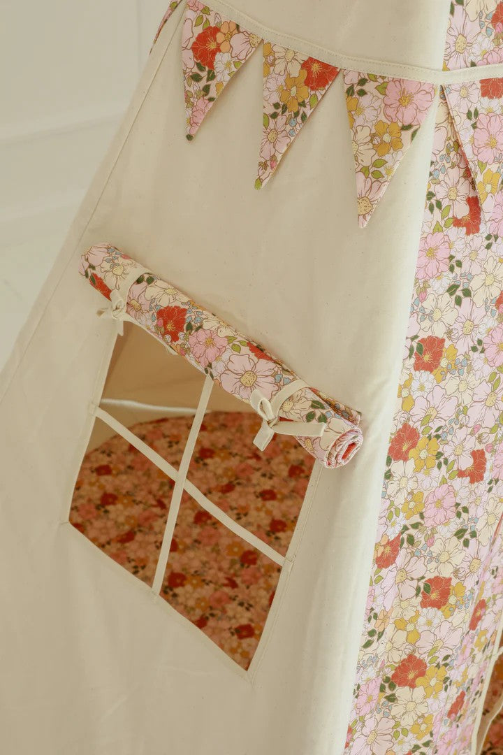 elegant spring garden teepee tent with floral pattern, showcasing its refined handmade craftsmanship and cotton fabric