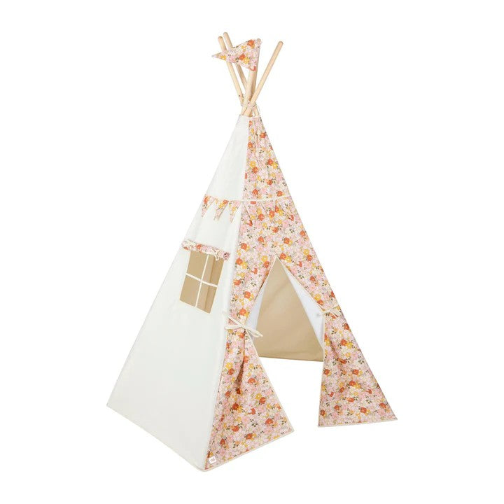 spring garden teepee tent with soft floral design, pine poles, and cotton storage cover, ready for play