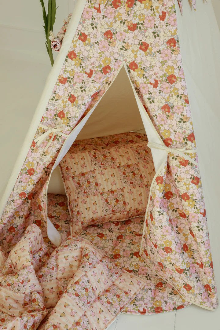 a child peeking from the floral teepee's curtained window, a magical hideaway crafted from cotton