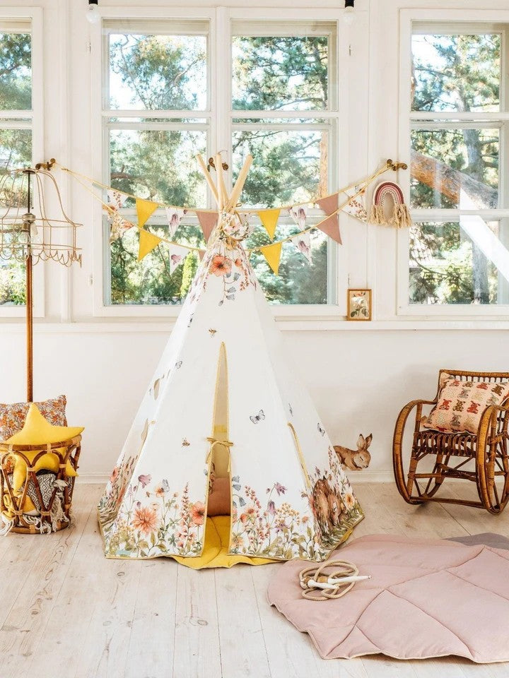 softly lit wildflowers teepee tent with a cozy interior, perfect for quiet playtime