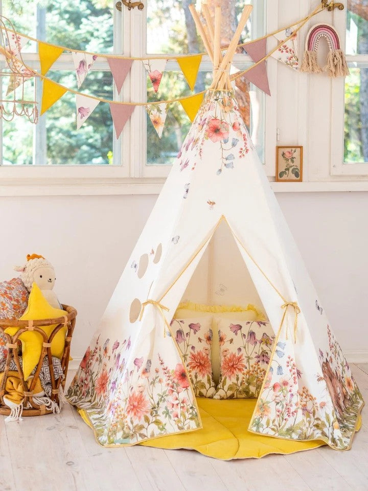 elegant wildflowers teepee tent with pine poles and a soft cotton cover, displayed in a refined home setting