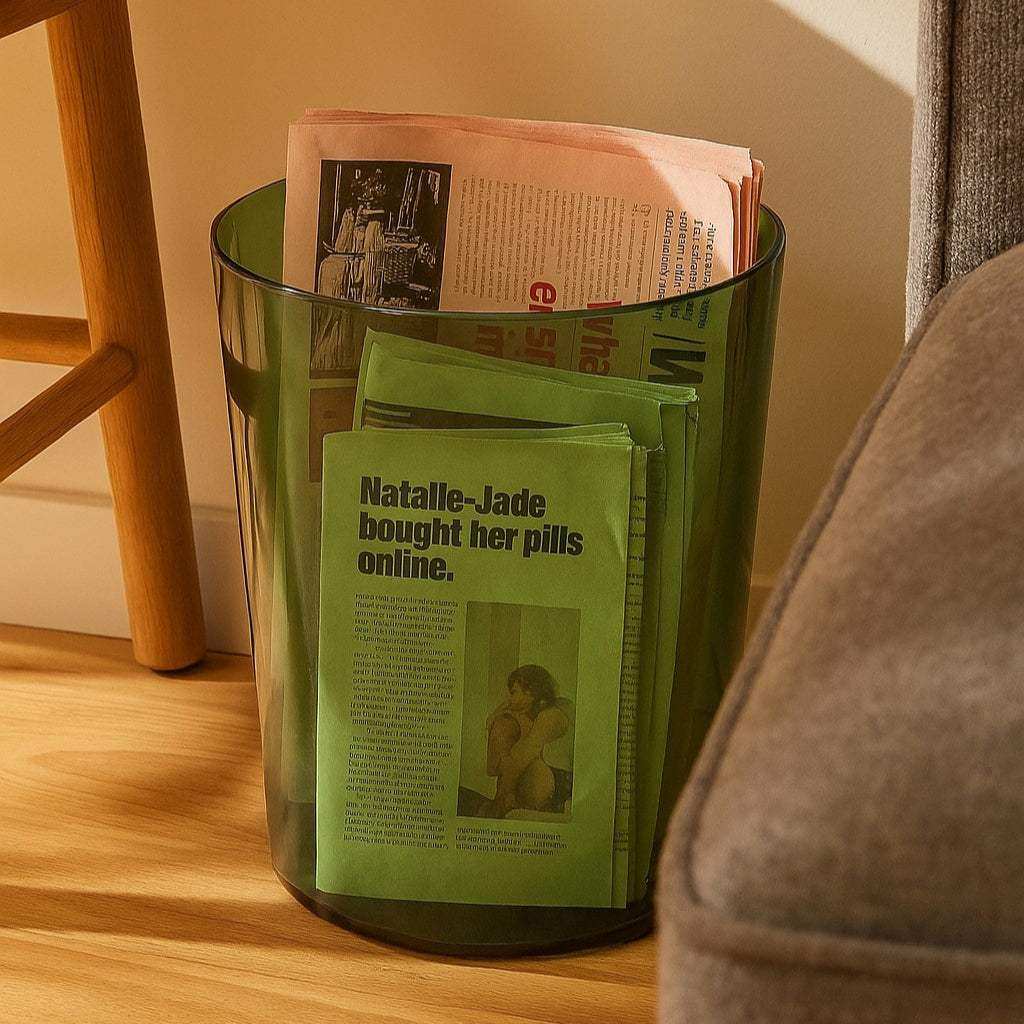 Minimal Waste Bin in Transparent, Green and Orange