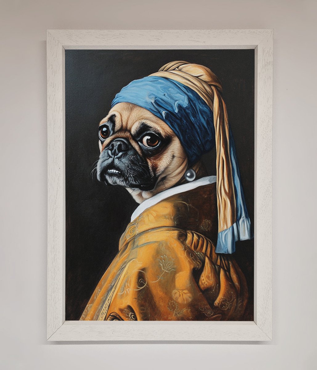 Pug with Pearl Earring Framed Print
