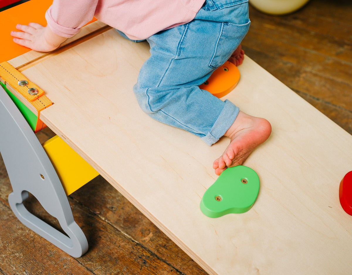 a soft-lit shot of the rainbow ramp's smooth birch surface, inviting gentle play