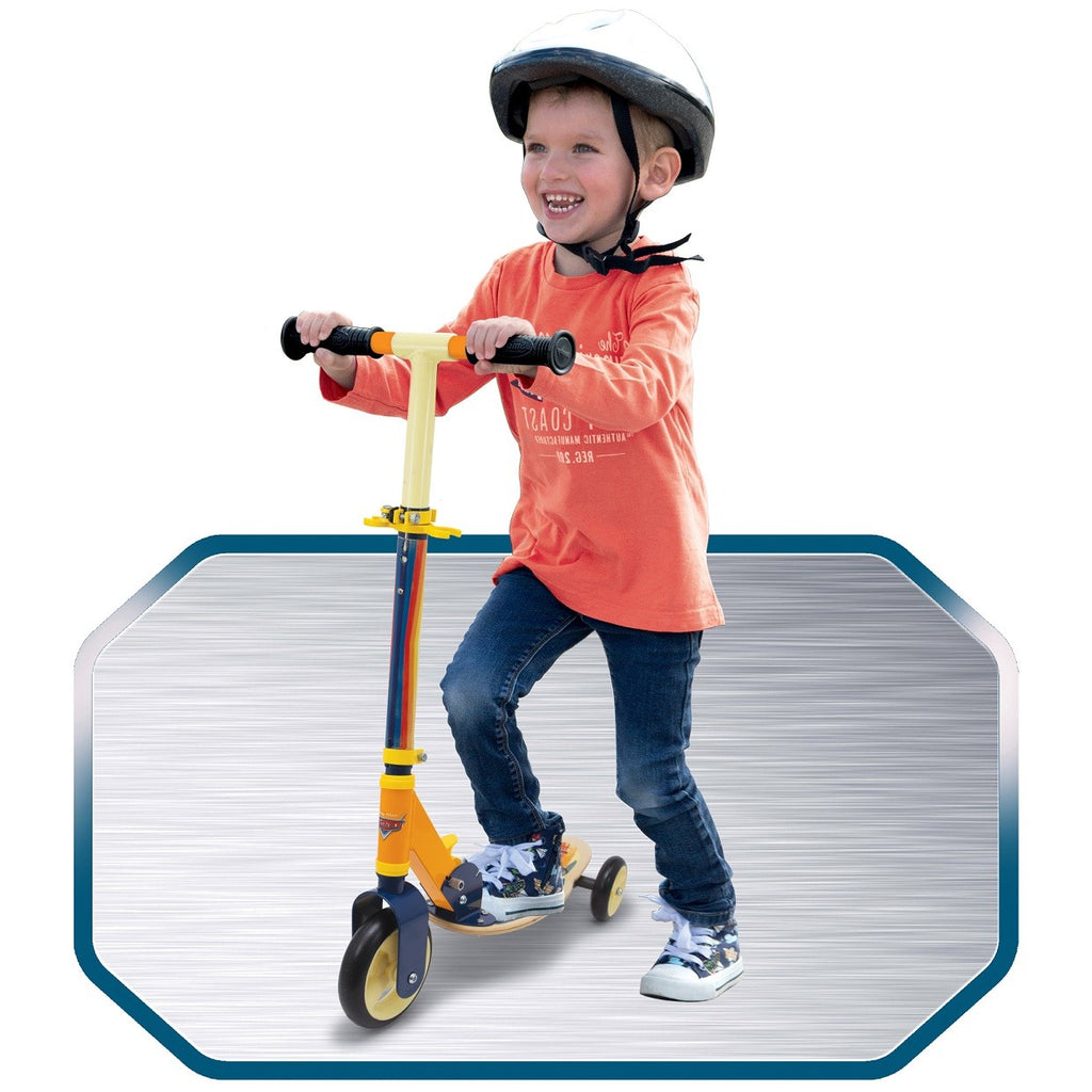 bold front view of a kids cars wooden scooter on an adventure-ready path