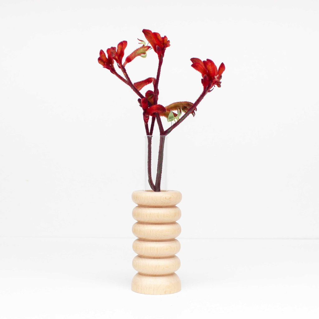 bold artisan totem vase with solid beech wood base and glass insert for modern decor