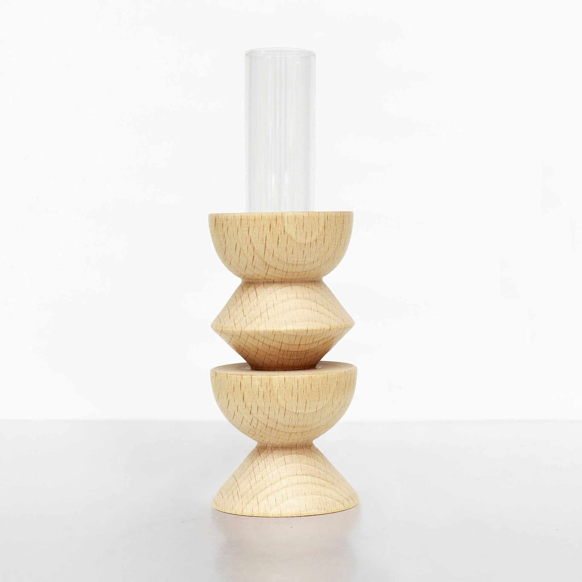 medium totem wooden vase no 3 with glass tube removed on a wooden table