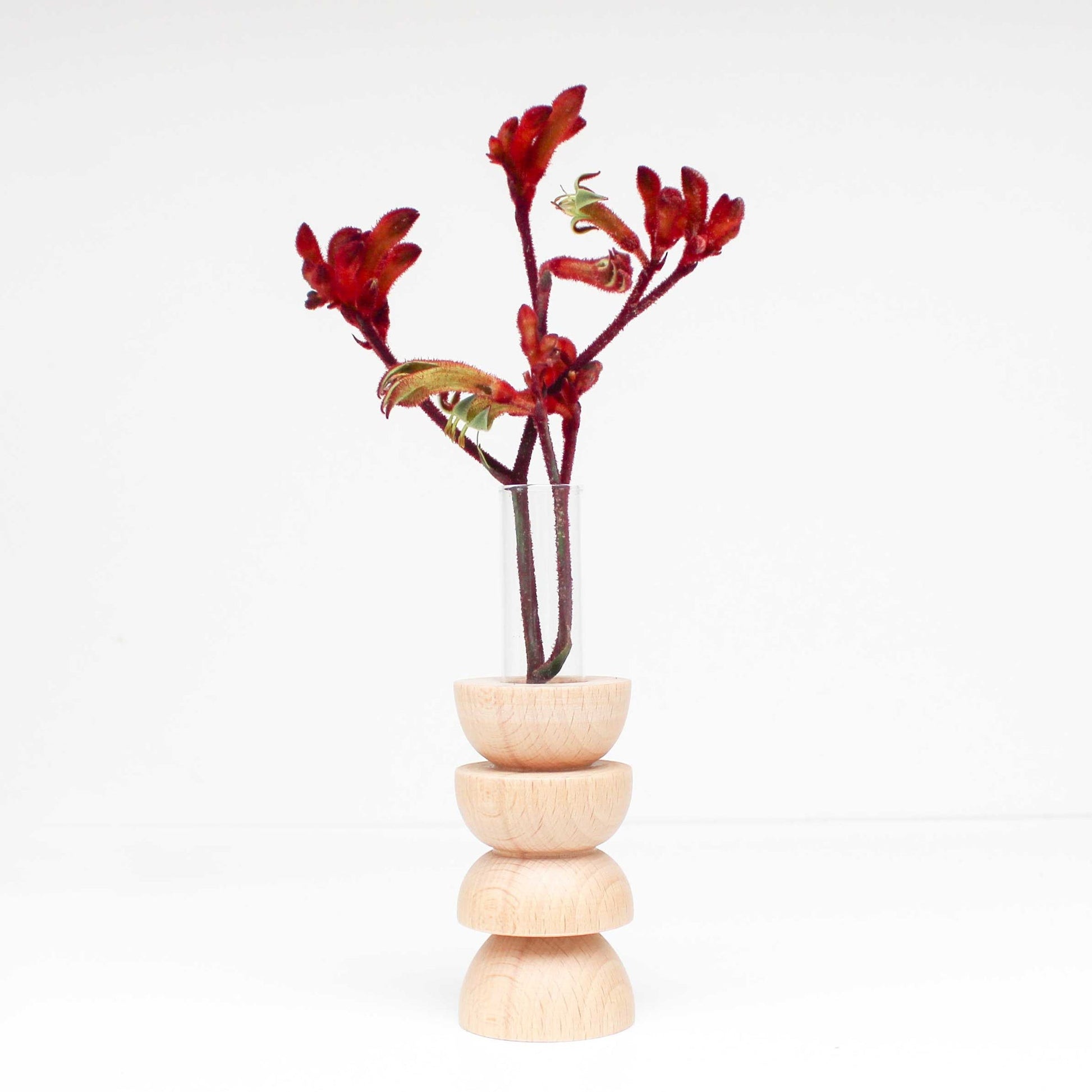 bold modern totem wooden vase with glass tube on a dark background