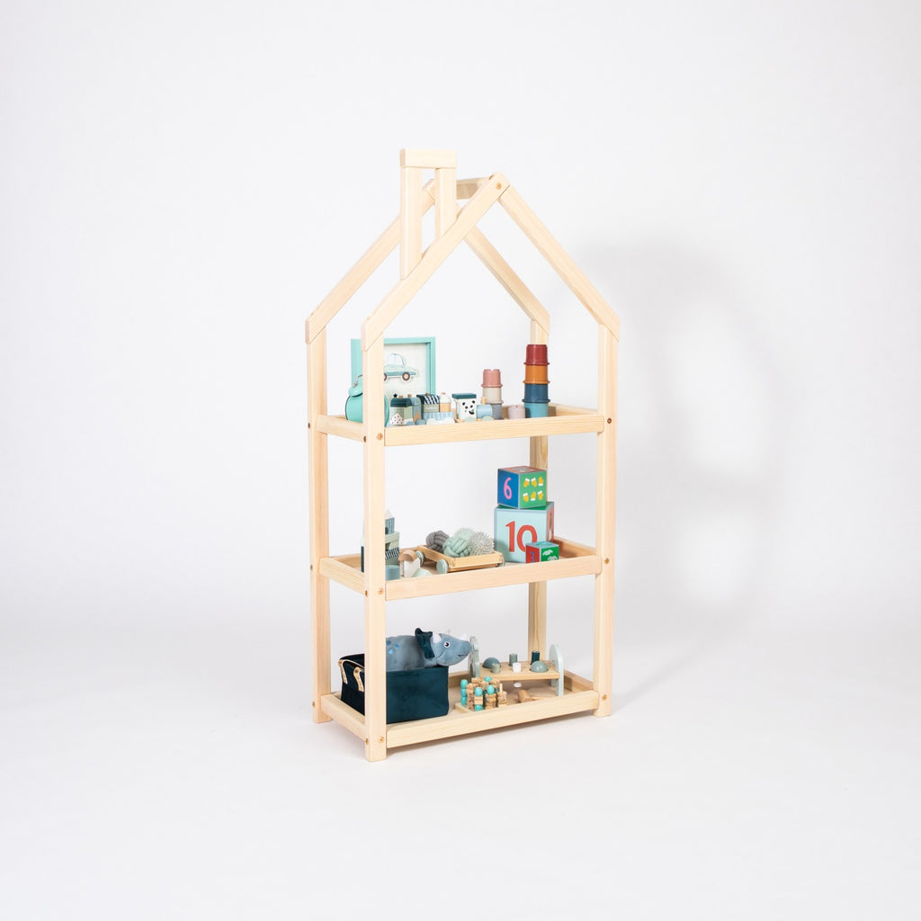 a functional kids house shelf in a nursery with soft morning light