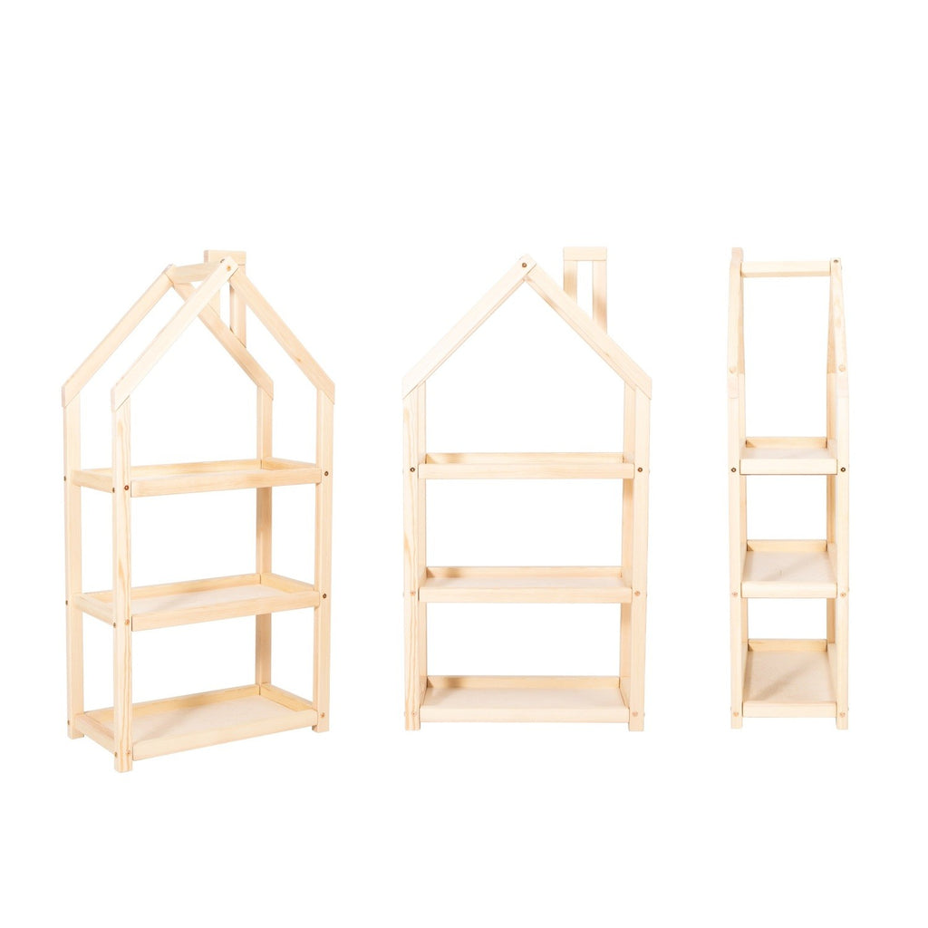 white house-shaped kids shelf with toys and books in a sunny montessori bedroom
