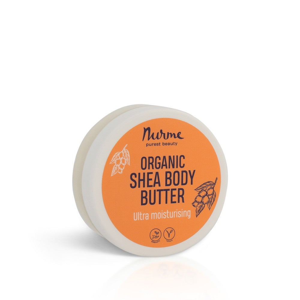 close-up of natural shea body butter with a soft, whipped texture in warm morning light