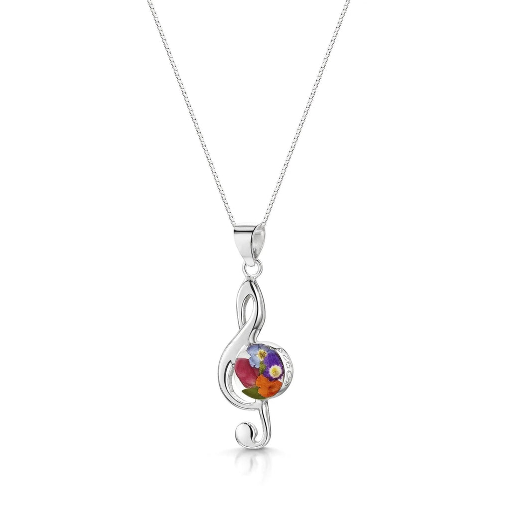 Treble Clef Silver Pendant with Real Preserved Flowers