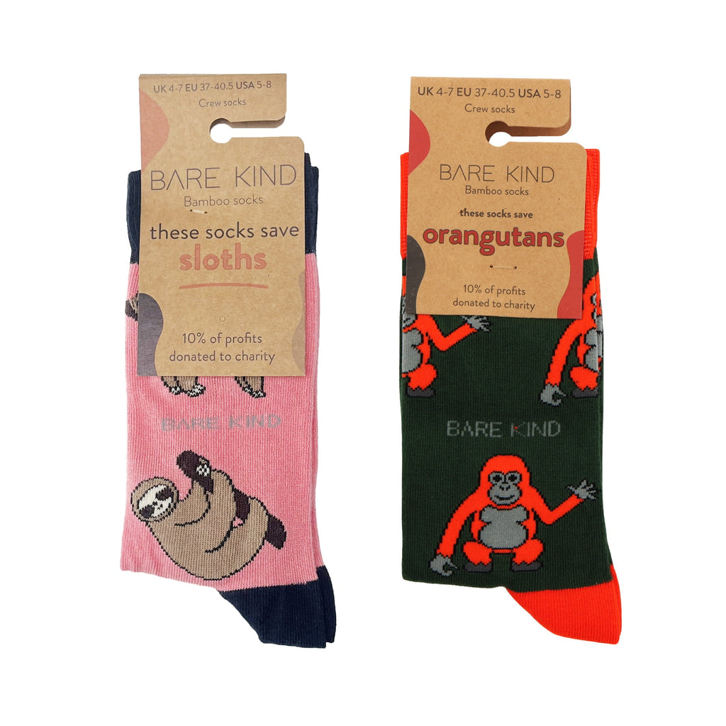 Bamboo Sock Bundle Set of 2 with Orangutan and Sloth Design