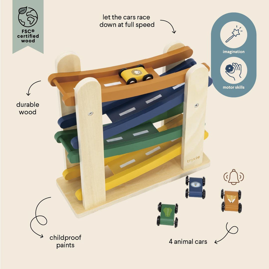 Animal Friends Race Ramp - Fun Racing Toy for Toddlers | Eco-Friendly Wood, Ages 18m+ by Trixie Baby at www.brixbailey.com