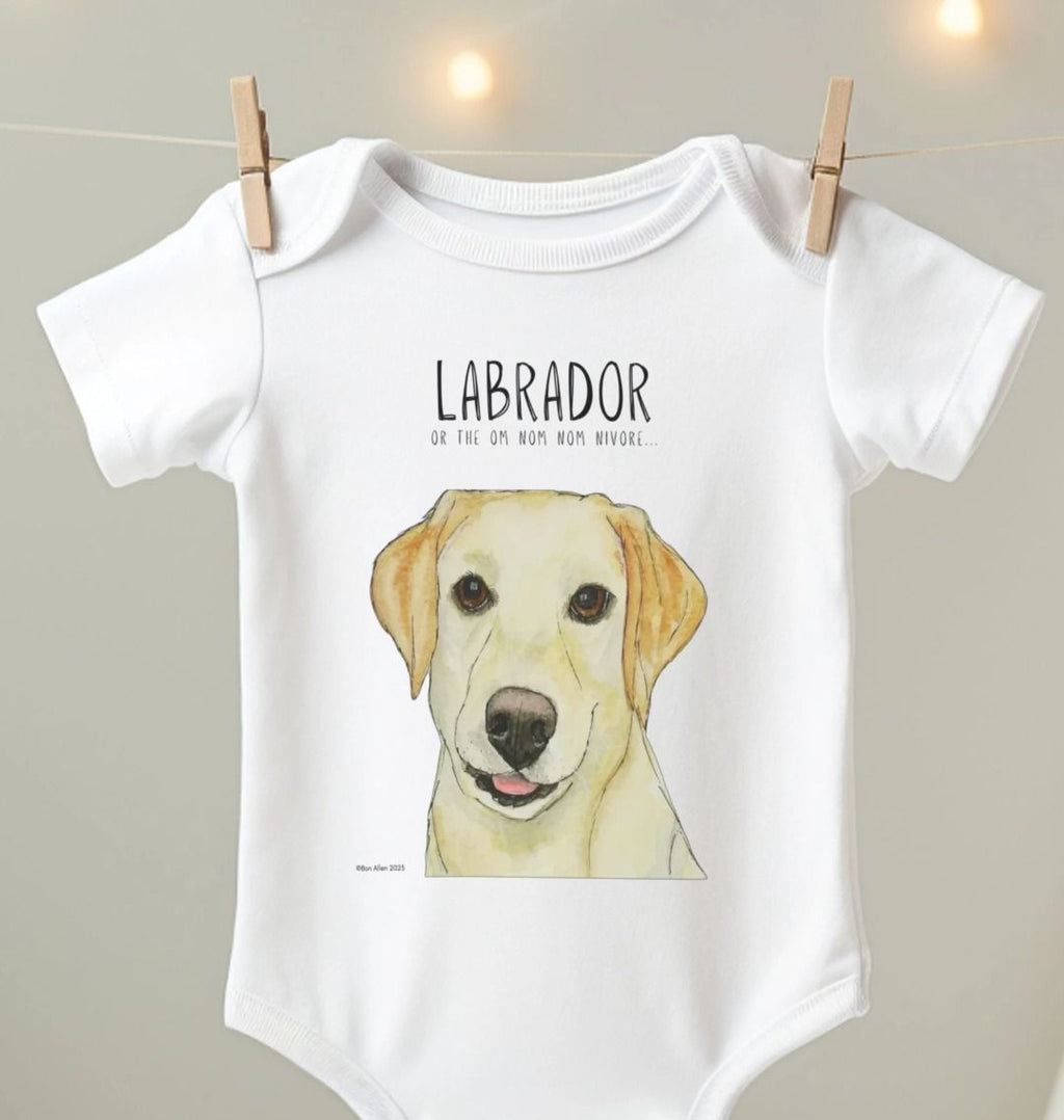 Yellow Labrador Baby Bodysuit Organic Cotton Snack Lover Design