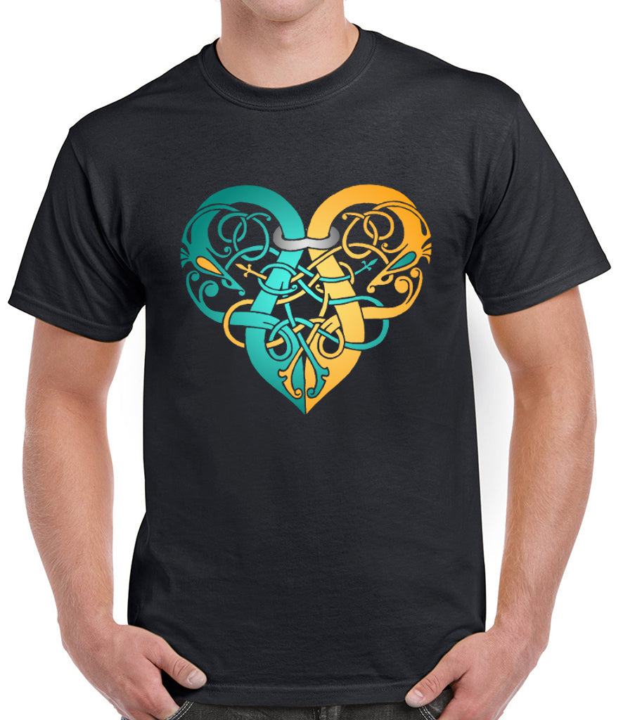 Viking Heart Turquoise & Yellow Unisex Black T-shirt