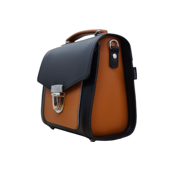 Handmade Leather Two Tone Sugarcube Handbag in Black and Burnt Orange