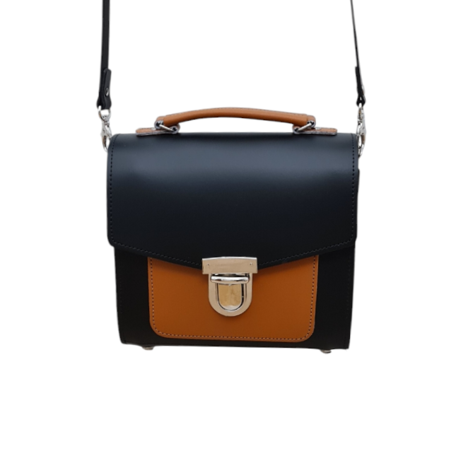 Handmade Leather Two Tone Sugarcube Handbag in Black and Burnt Orange