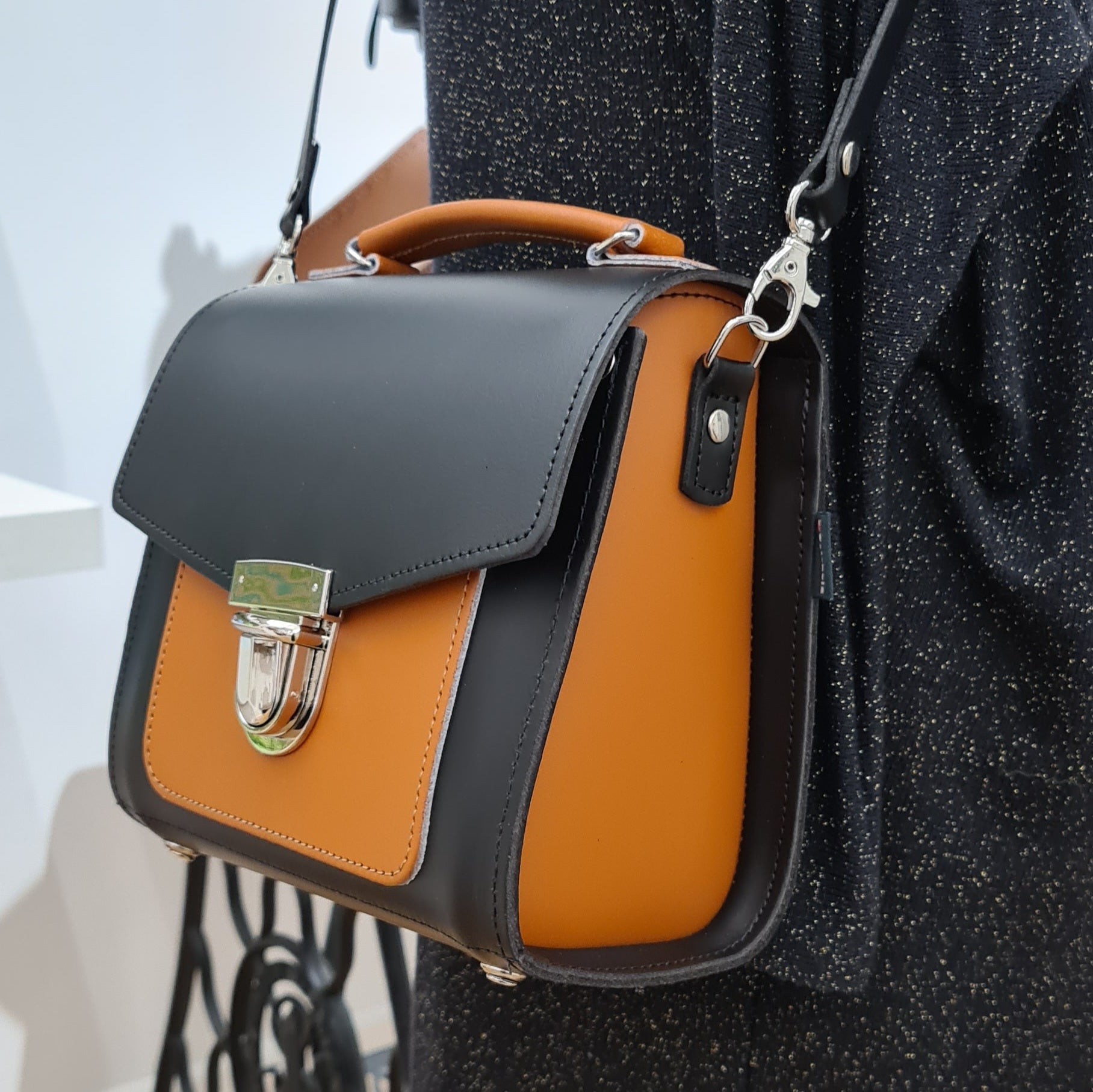 Handmade Leather Two Tone Sugarcube Handbag in Black and Burnt Orange
