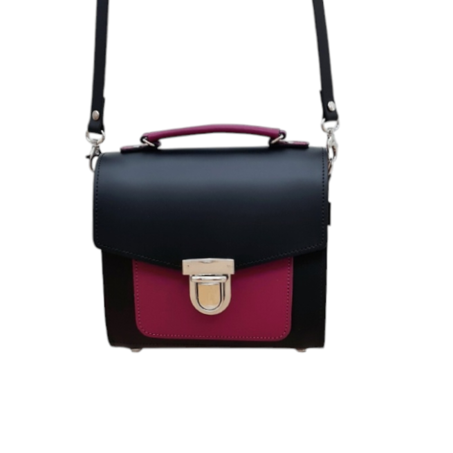 Handmade Leather Two Tone Sugarcube Handbag Black and Magenta