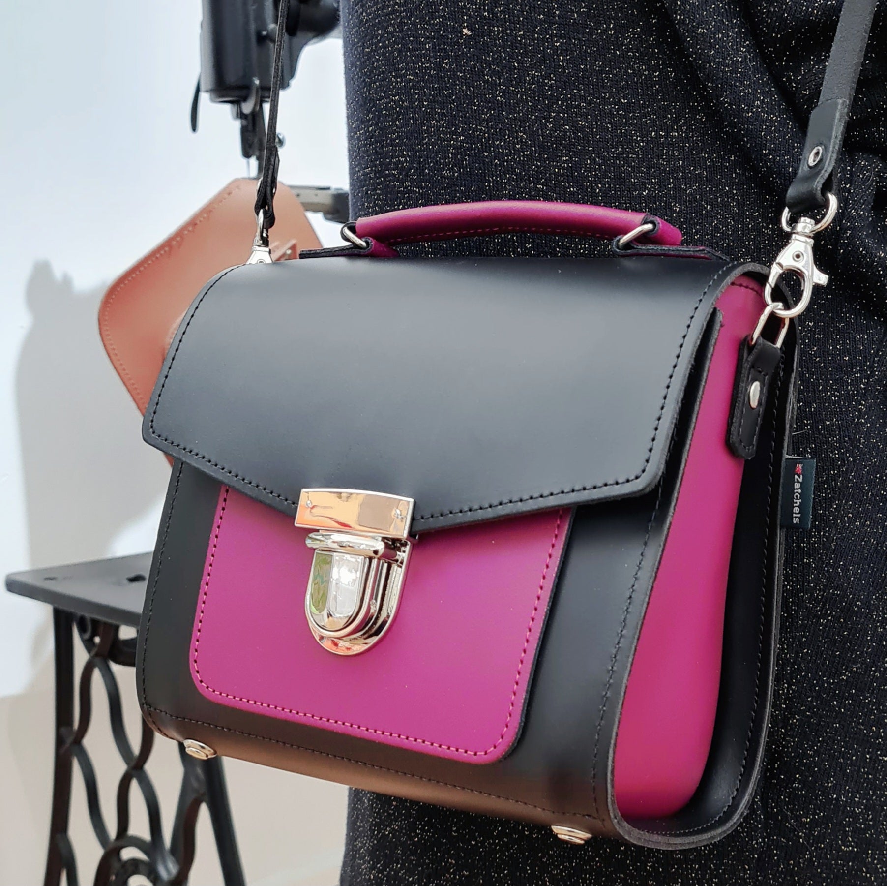Handmade Leather Two Tone Sugarcube Handbag Black and Magenta