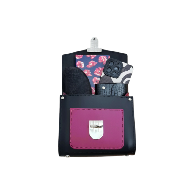 Handmade Leather Two Tone Sugarcube Handbag Black and Magenta