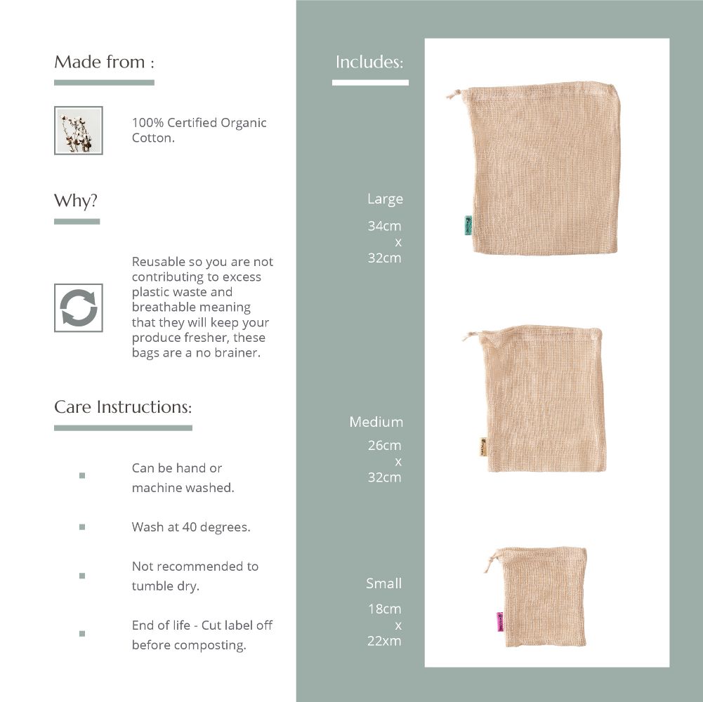 Organic Cotton Mesh Produce Bags Pack of 3