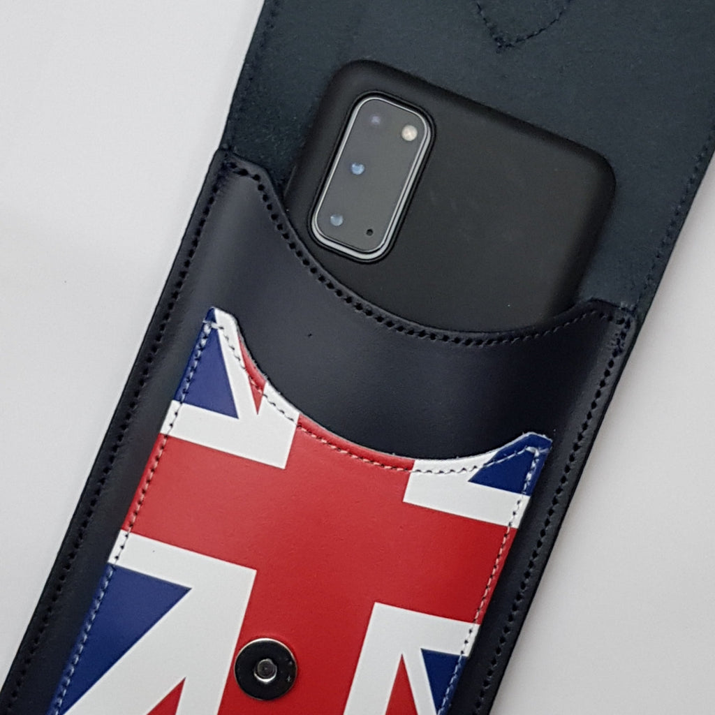 Handmade Leather Mobile Phone Pouch Union Jack Navy Blue