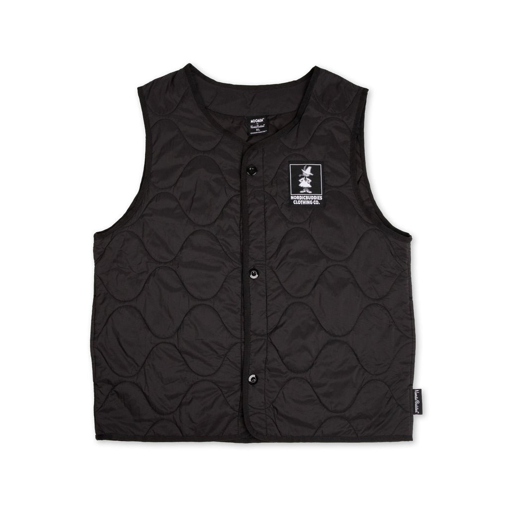 snufkin fishing vest in black nylon shown from a functional angle highlighting its practical pockets and durable construction