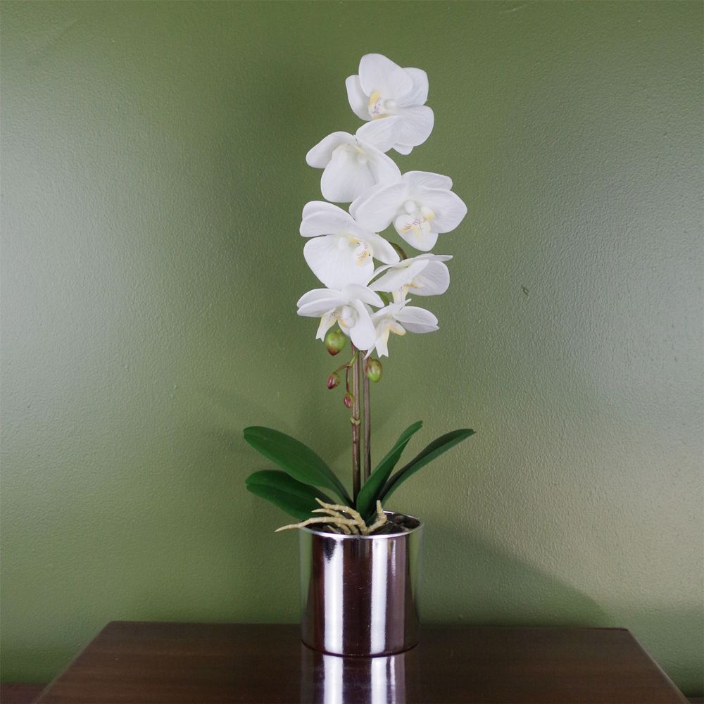 46cm White Orchid with Silver Pot Artificial Plant