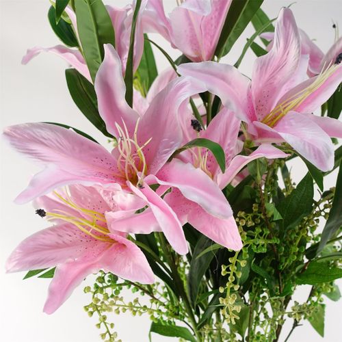 100cm Artificial Pink Lily Arrangement with Glass Vase