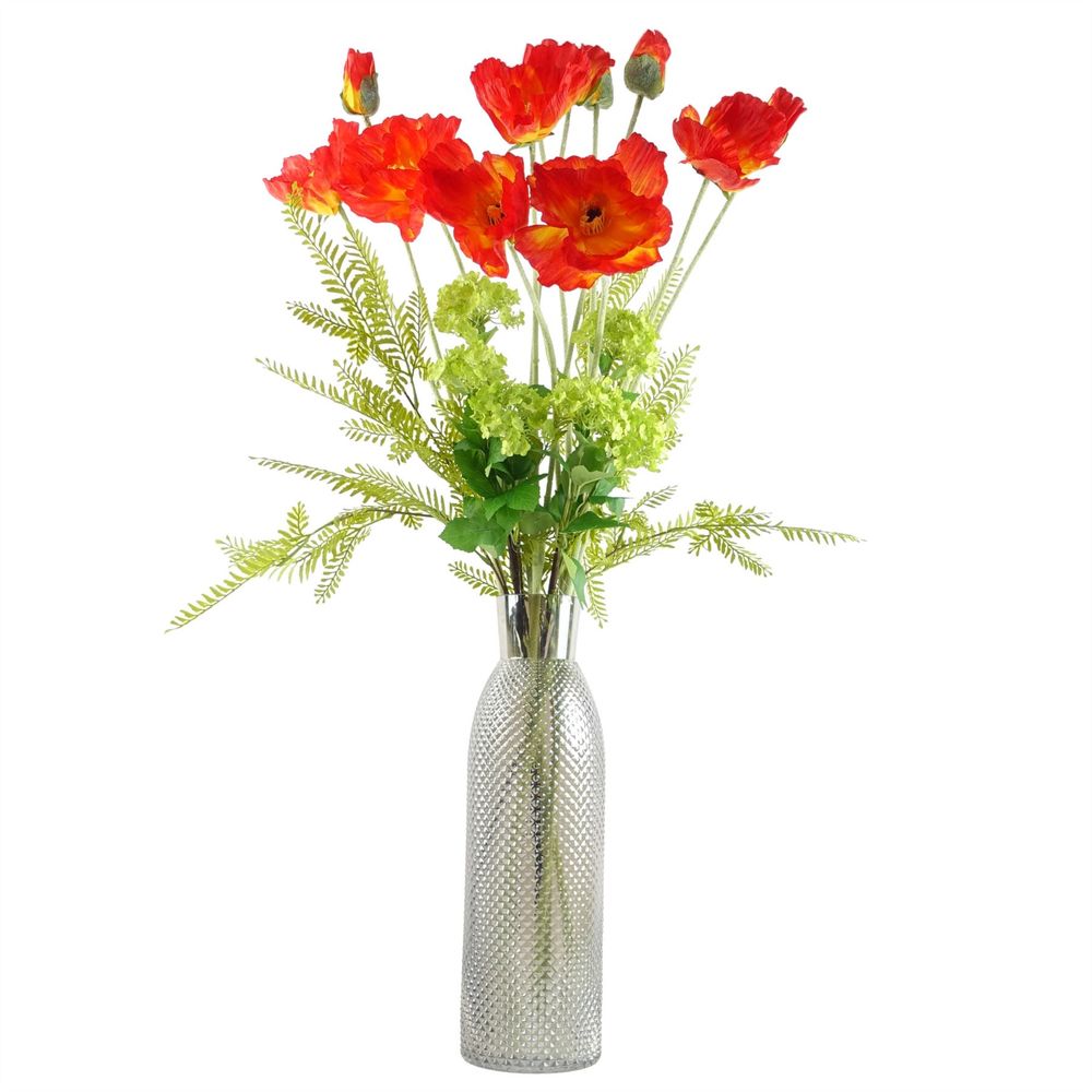 100cm Red Poppy and Fern Glass Vase with Complete Artificial Flower Arrangement