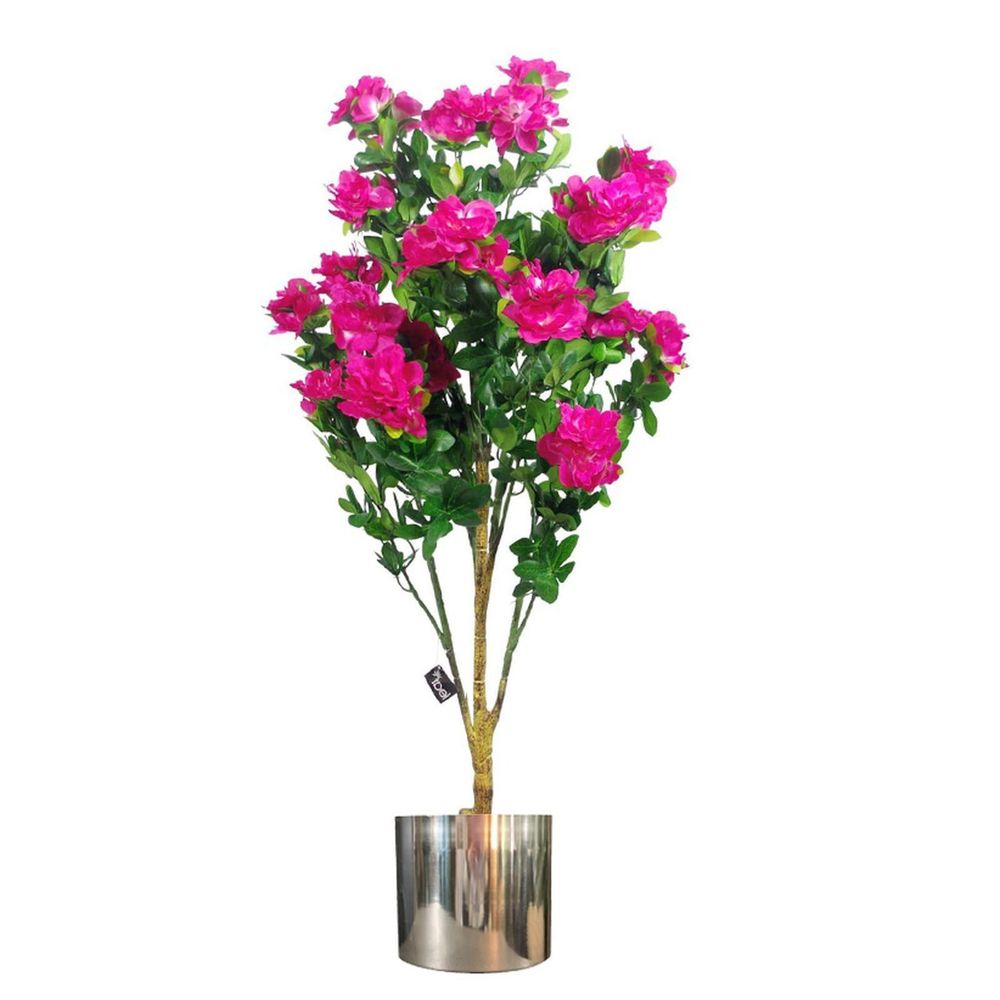 Premium 100cm Artificial Azalea Pink Flowers with Silver Metal Planter