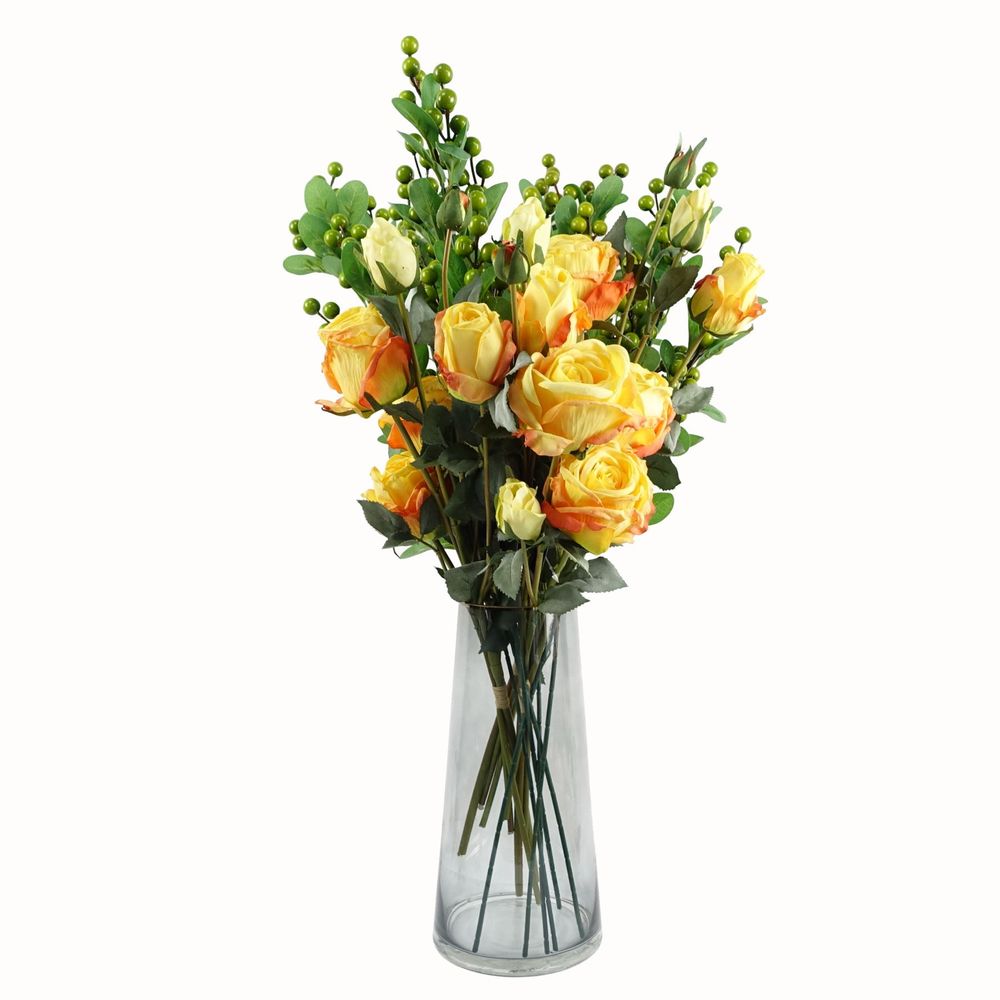 60cm Yellow Rose Artificial Flowers with Smoke Grey Glass Vase