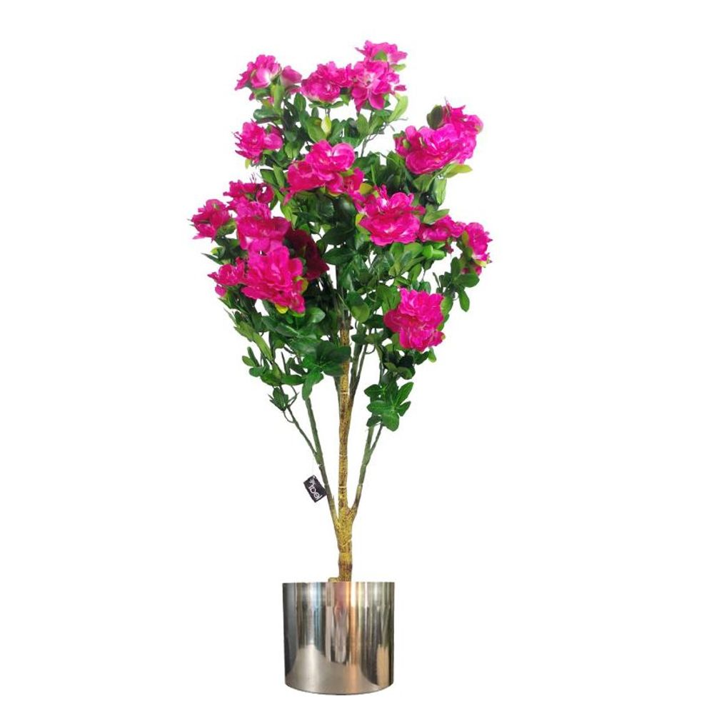 100cm Pink Azalea Flowers in Silver Metal Planter