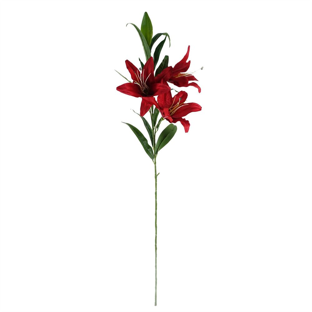 70cm Red Lily Display Silver Glass Vase with Fern and Berry Spray