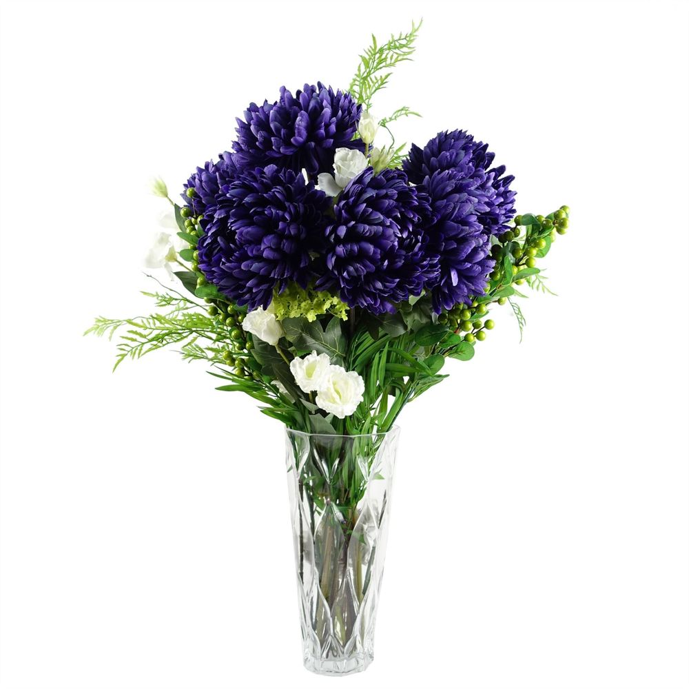 90cm Purple Chrysanthemum and Ferns Glass Vase Arrangement Pack
