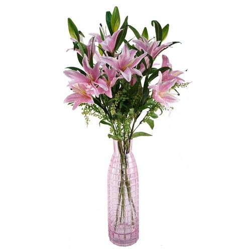 100cm Artificial Pink Lily Arrangement with Glass Vase