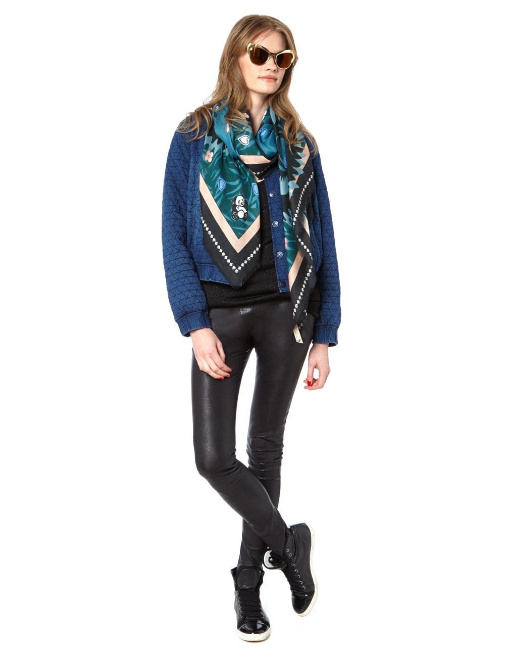 Teal Panda Print Scarf 140x140cm