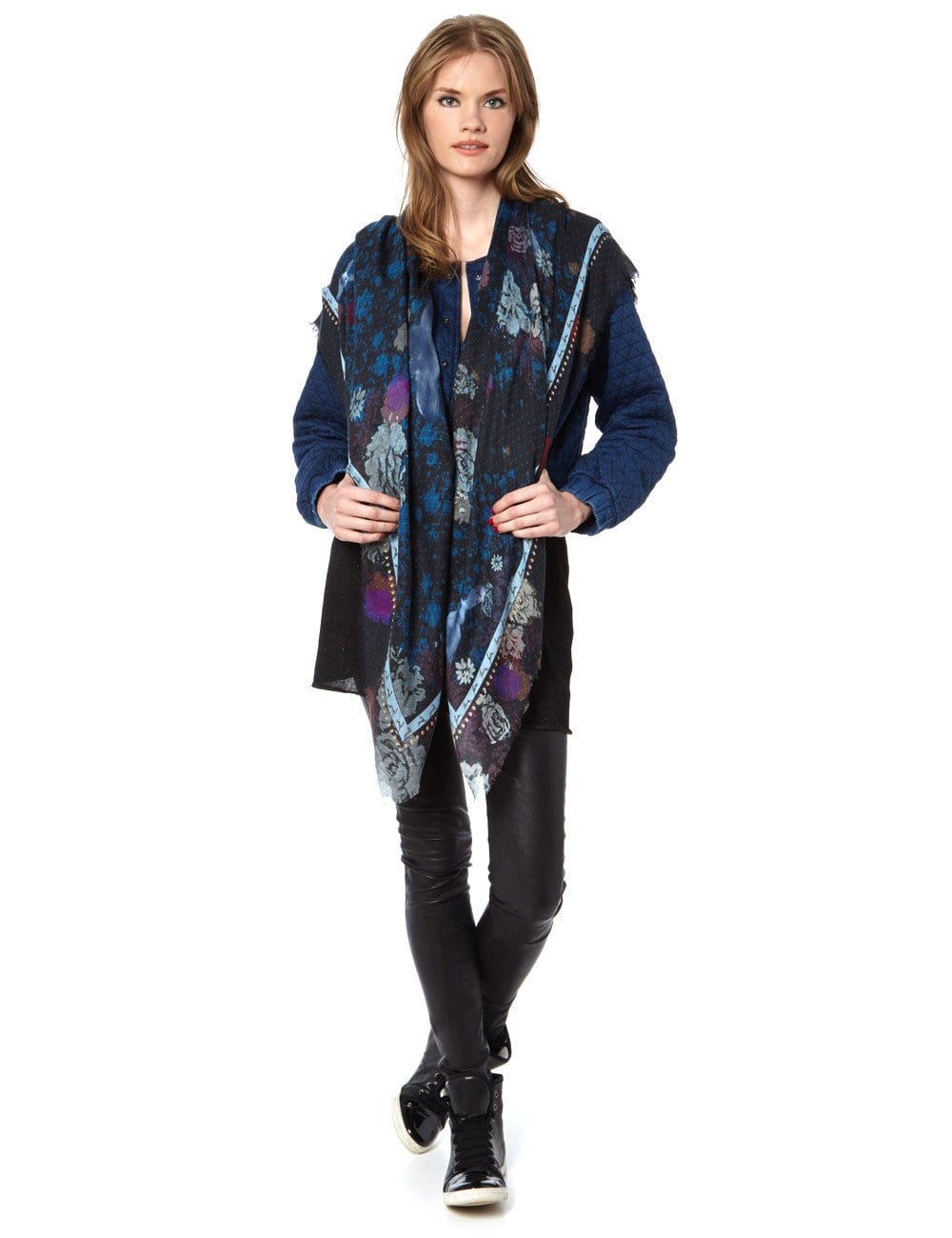 Midnight Blue Scarf with Bunnies and Florals Print