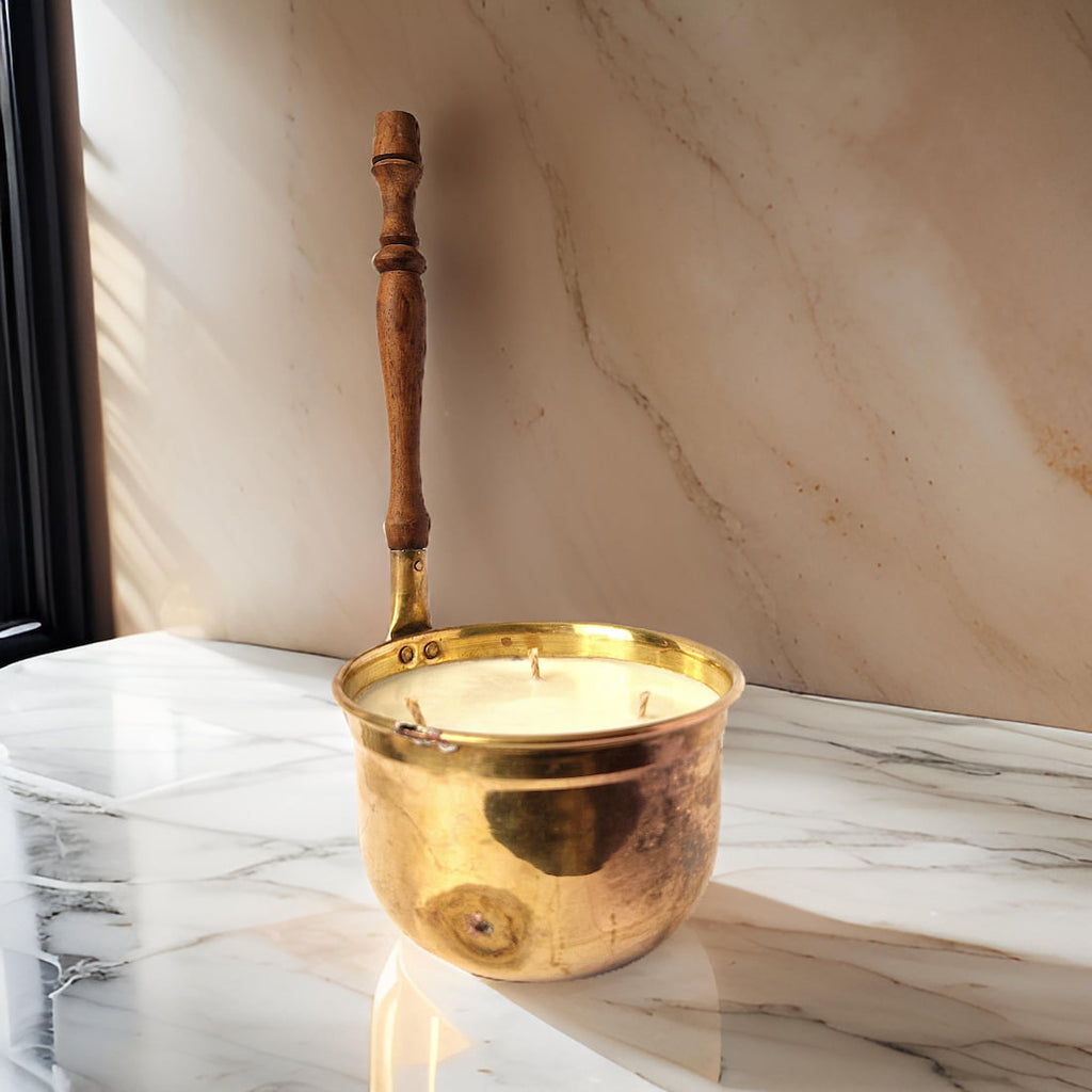 Vintage Copper Pot Candles with Wooden Handles