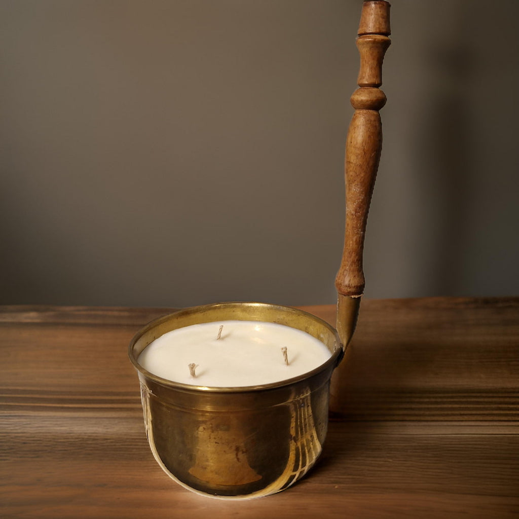 Vintage Copper Pot Candles with Wooden Handles