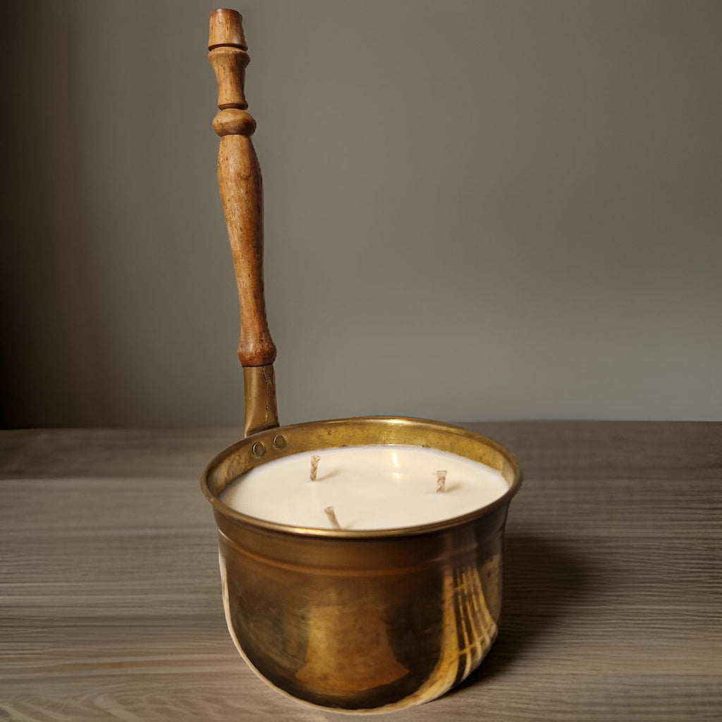Vintage Copper Pot Candles with Wooden Handles