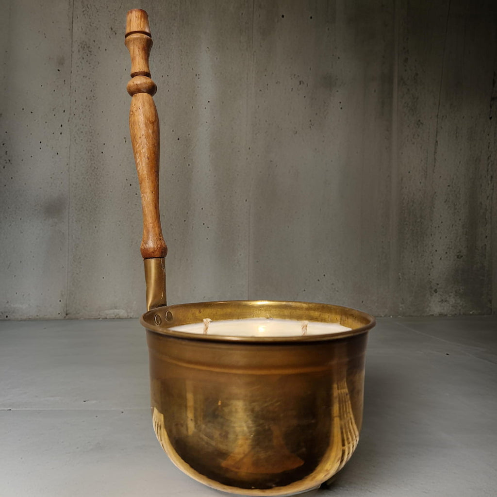 Vintage Copper Pot Candles with Wooden Handles