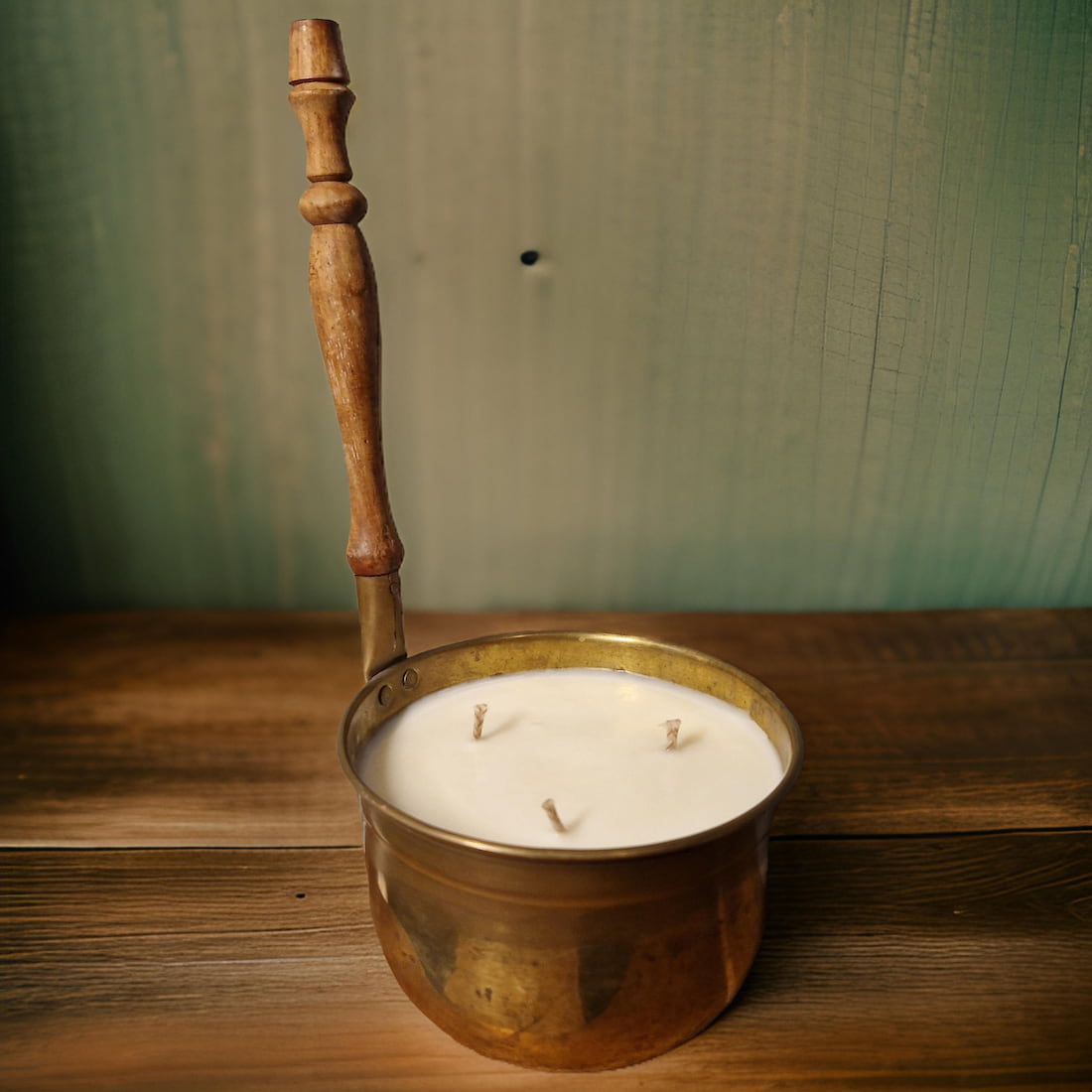 Vintage Copper Pot Candles with Wooden Handles